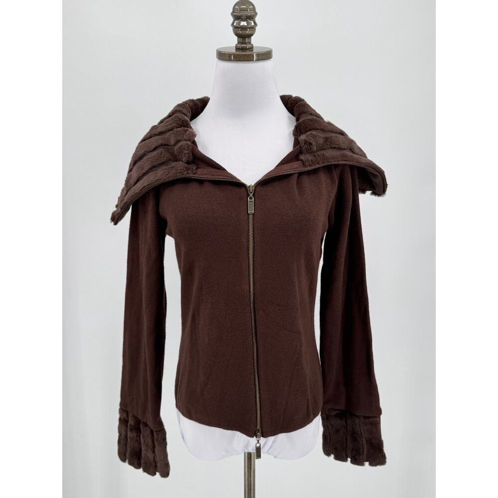 Vintage Cabo Brown Knit Ribbed Collared Faux Fur Zip Sweater Jacket Sz L
